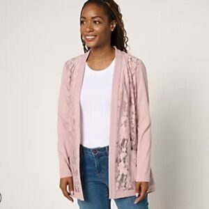 Logo by Lori Goldstein Lace and Knit Open Front Cardigan Dusty Rose Small NWOT